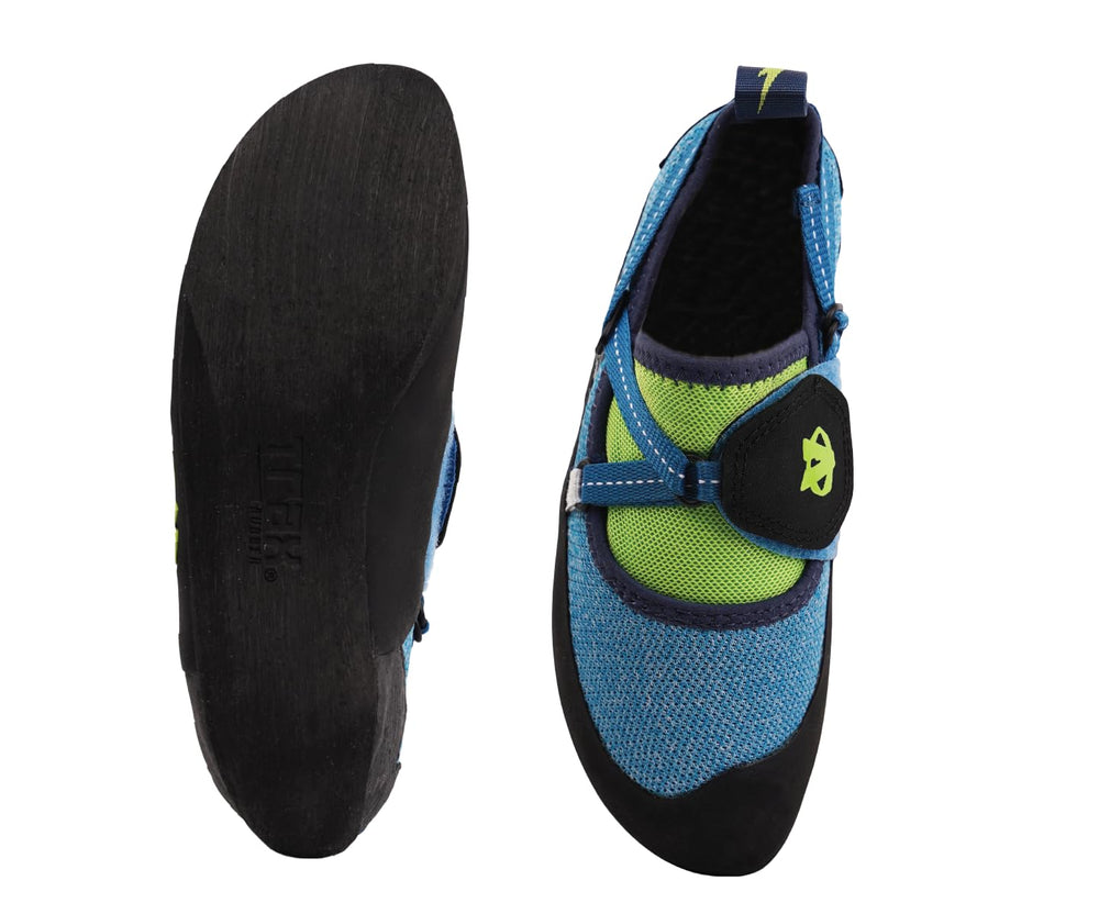 EVOLV Venga kids climbing shoe blue neon lime rubber sole; boosts grip on holds.