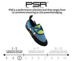 EVOLV Venga kids climbing shoe blue neon lime strap detail; easy adjustments for growing feet.