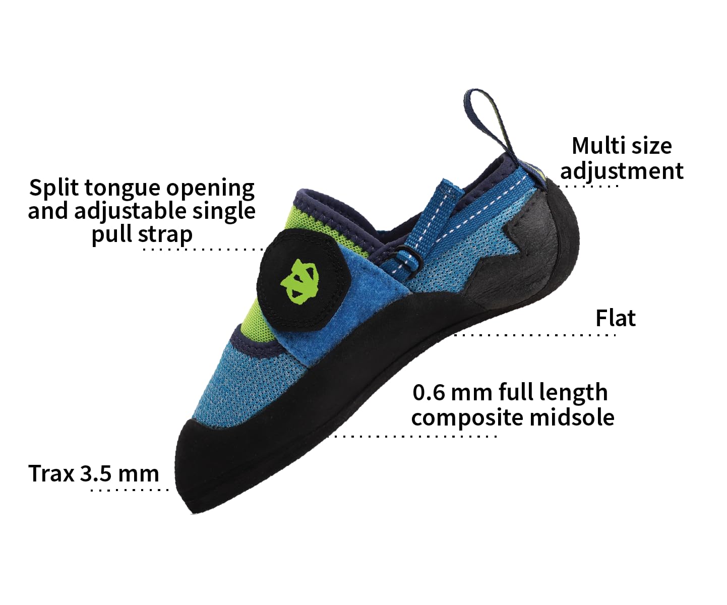 EVOLV Venga kids climbing shoe blue neon lime top view; enhances breathability and fit.