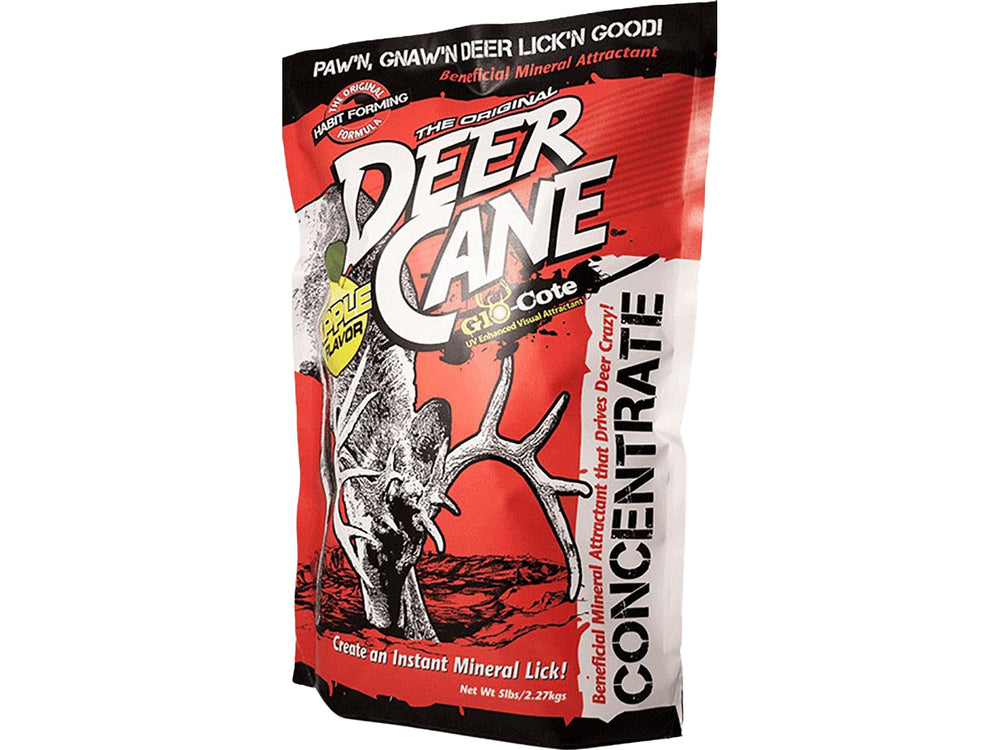 Evolved Deer Cane Apple powder mix shown as a mineral attractant for deer on soil.