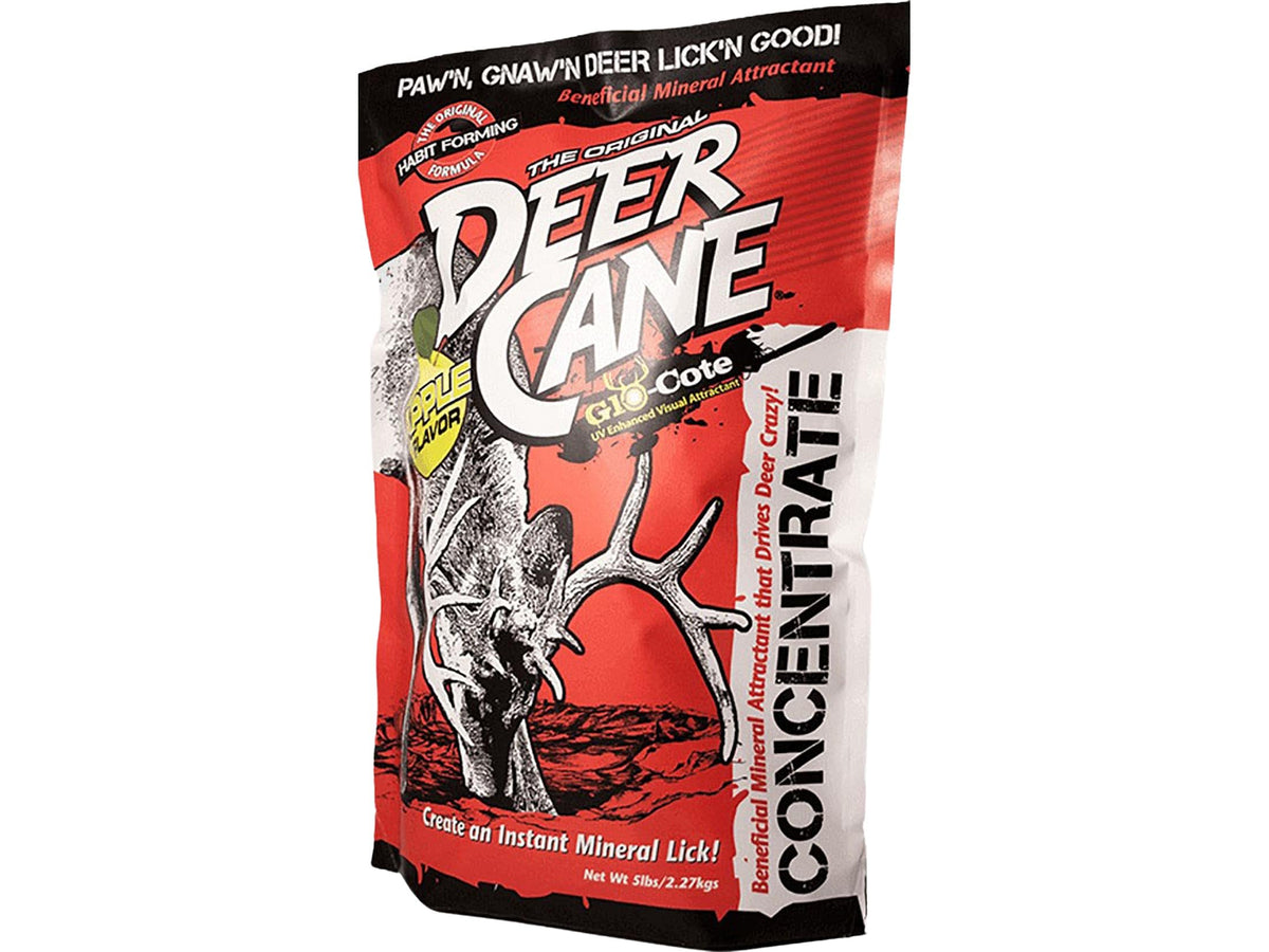 Evolved Deer Cane Apple powder mix shown as a mineral attractant for deer on soil.