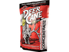 Evolved Deer Cane Apple powder mix shown as a mineral attractant for deer on soil.