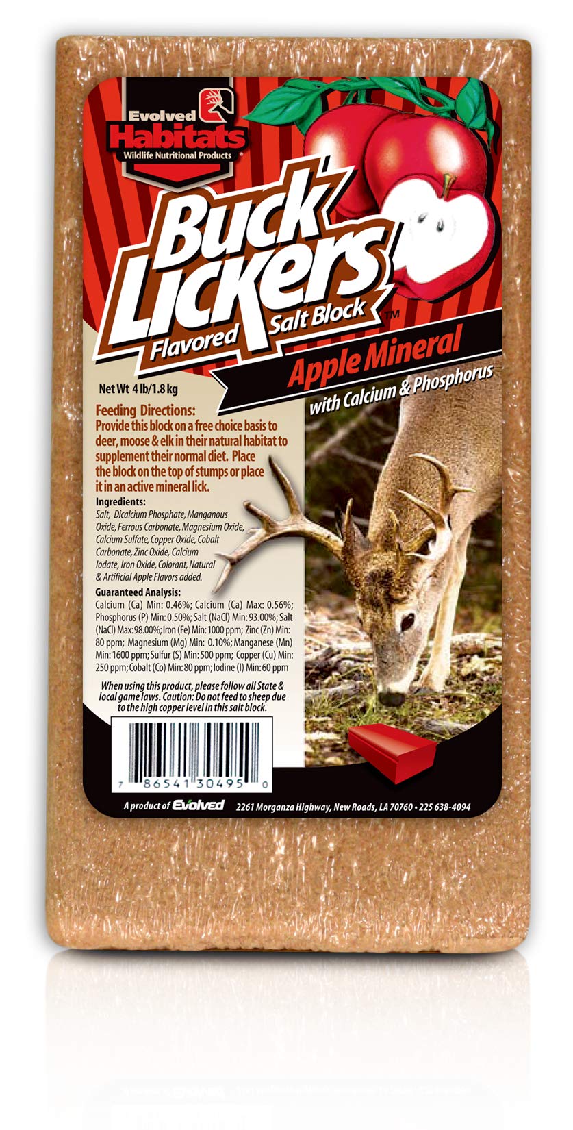 Evolved Habitats Buck Lickers Apple block shown as a ready-to-use mineral attractant for deer