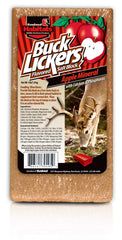 Evolved Habitats Buck Lickers Apple block shown as a ready-to-use mineral attractant for deer