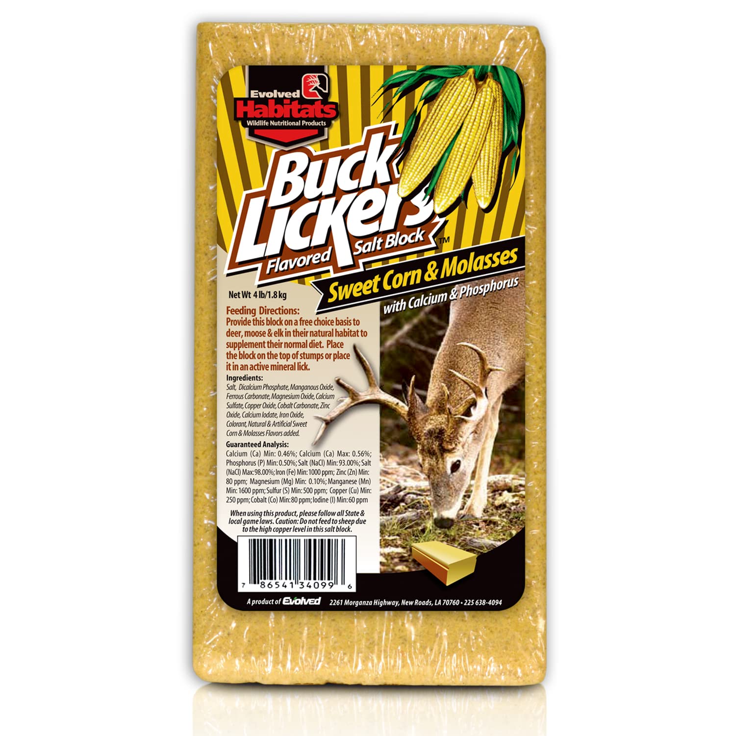 Evolved Habitats Buck Lickers sweet corn and molasses salt block attracting deer and elk year-round.