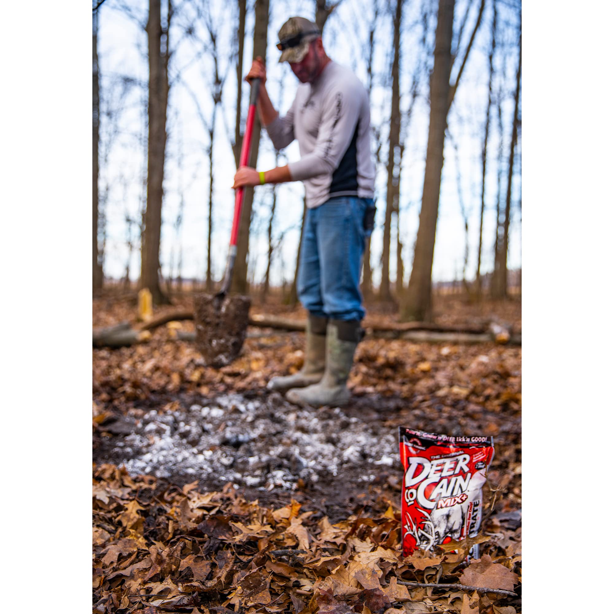Powder-based mineral site established for deer attraction across seasons.