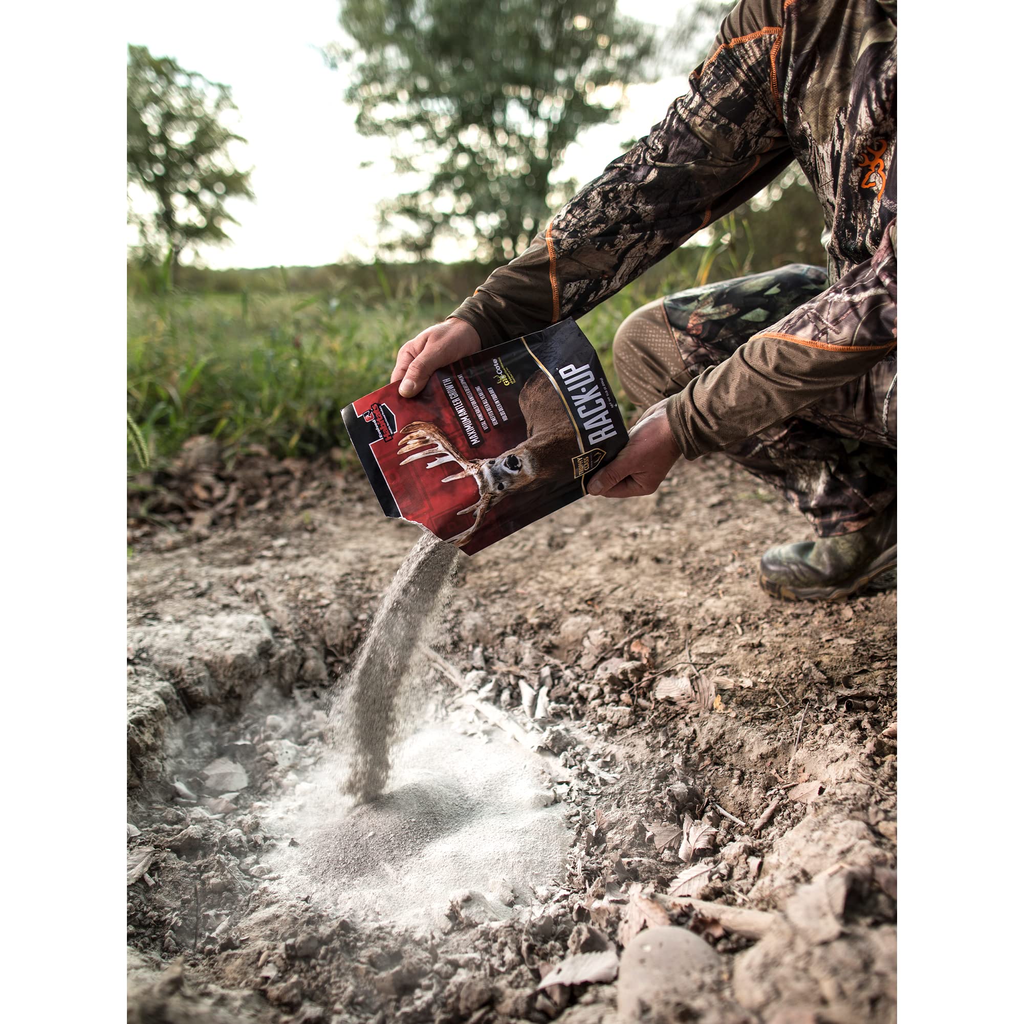 Rack-Up powder is spread on ground to attract deer immediately.