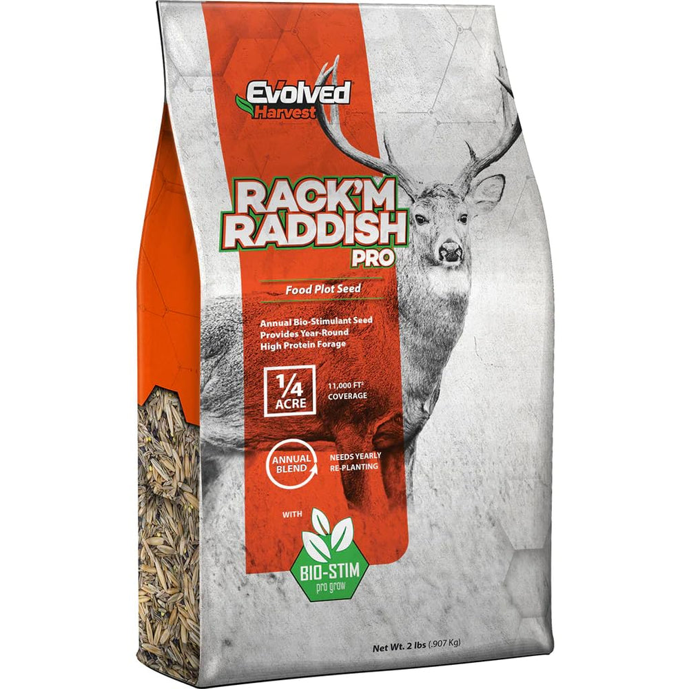 Evolved Harvest Rack'M Radish Pro seed coating close-up promoting stronger germination and larger forage