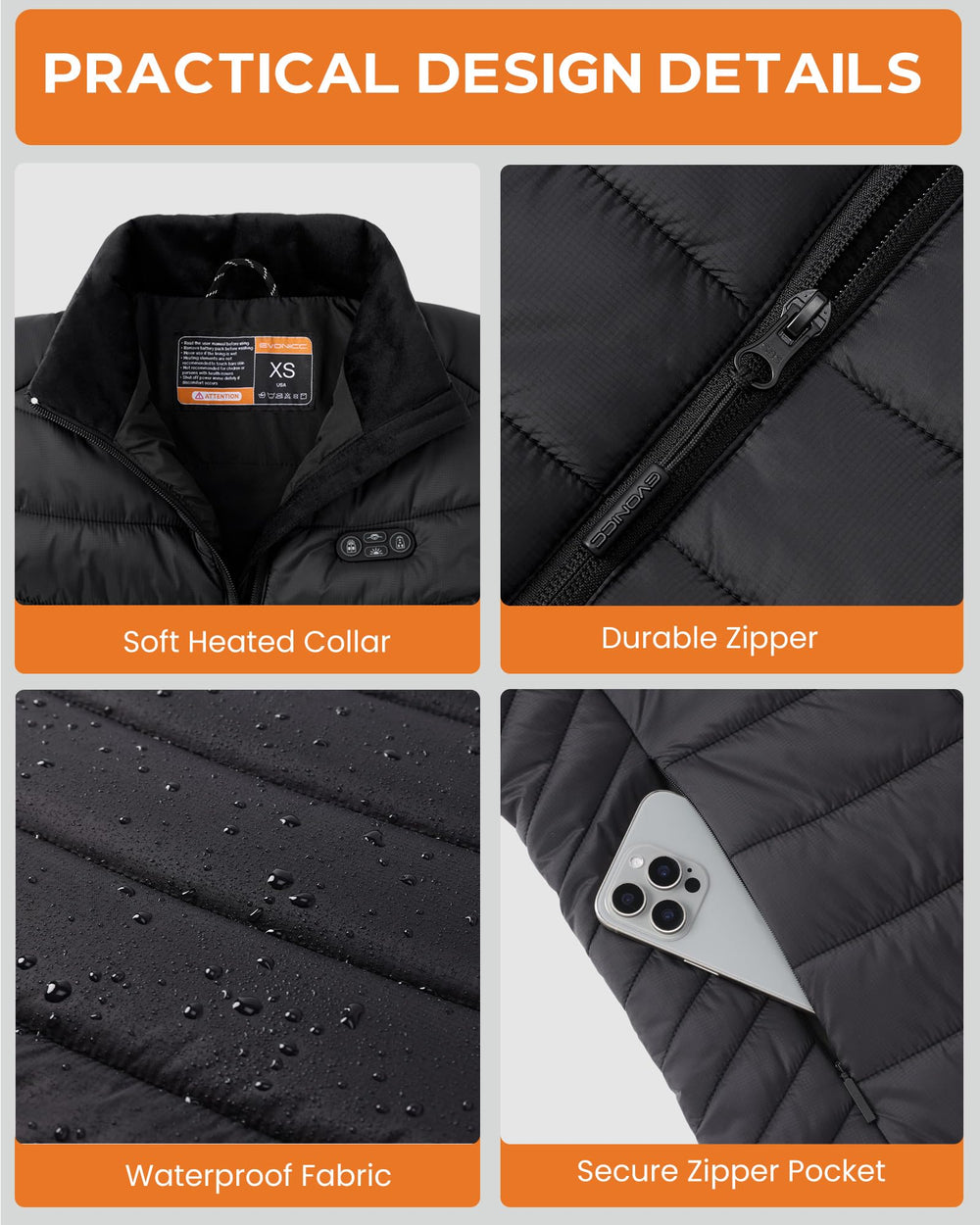 Evonicc heated vest control panel illustrating adjustable heating settings