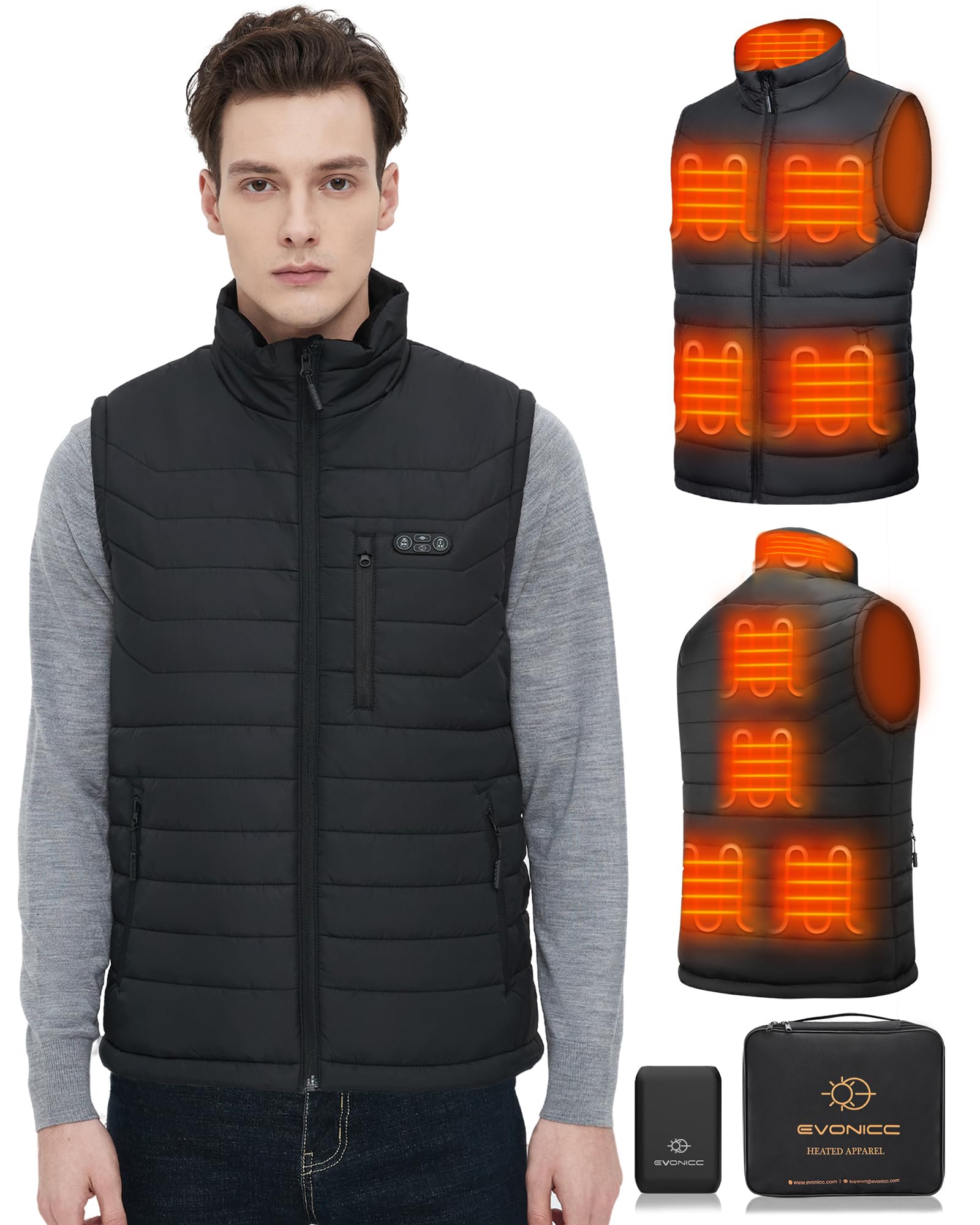 Evonicc heated vest front view showing compact warmth for outdoor winter activities.