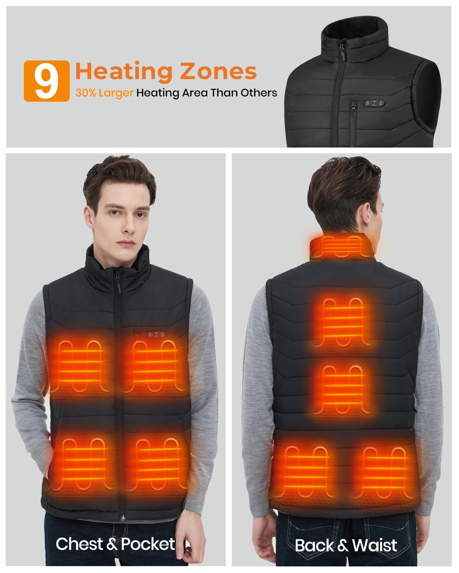 Evonicc heated vest nine heating zones close-up reveals broad warmth coverage.