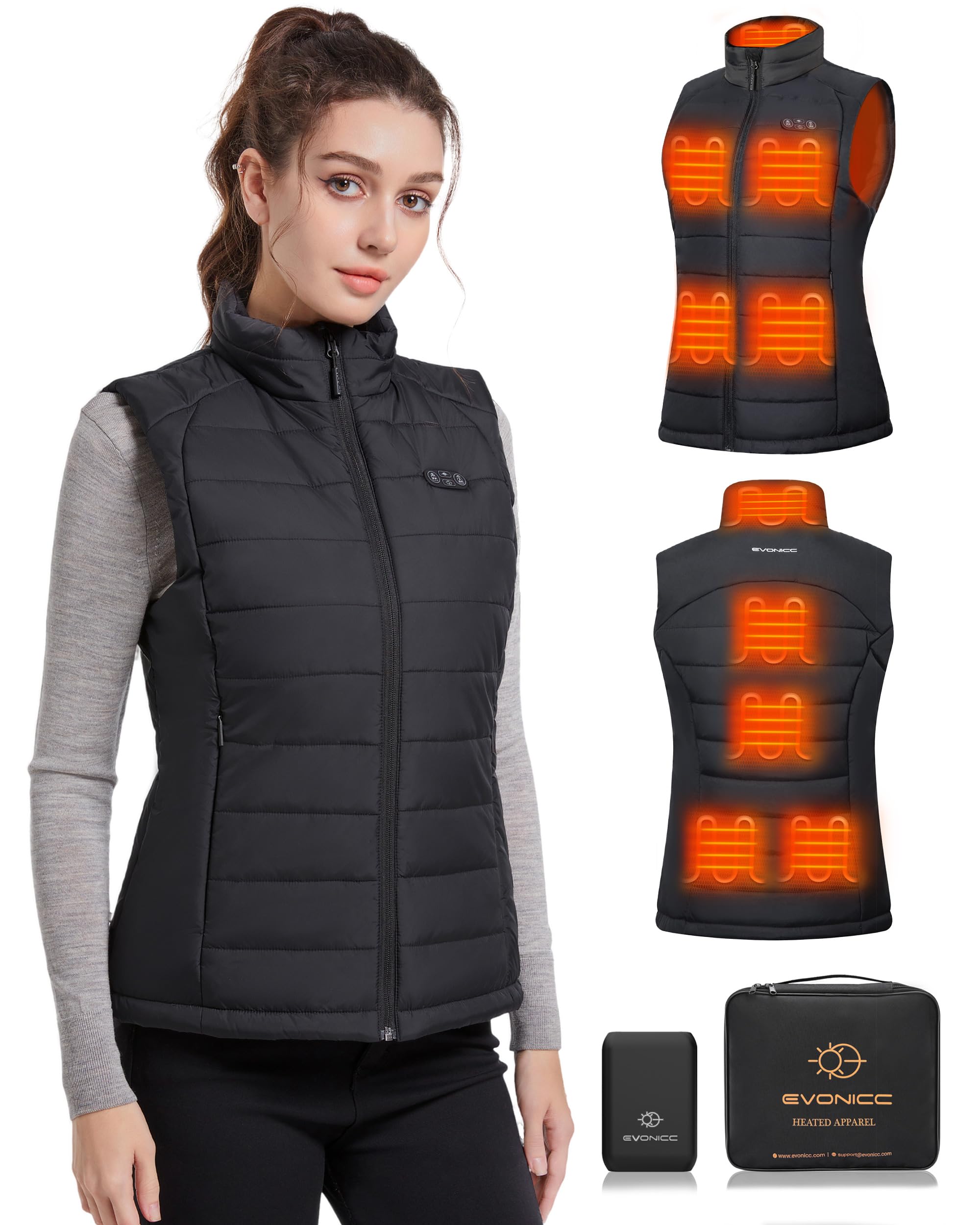 Evonicc heated vest showing nine zones for core warmth during cold hikes