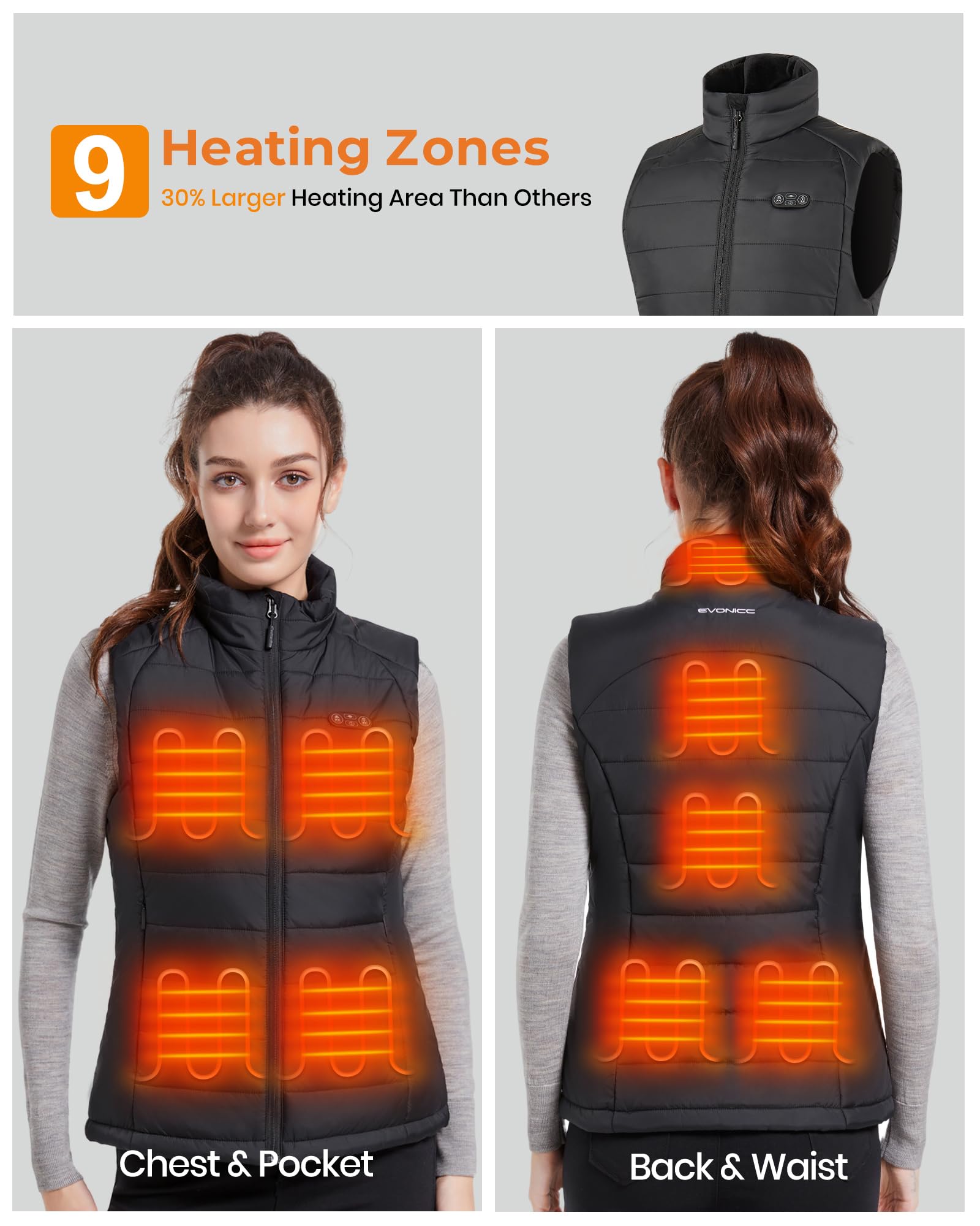 Evonicc vest controller display with heat settings and lights-off option