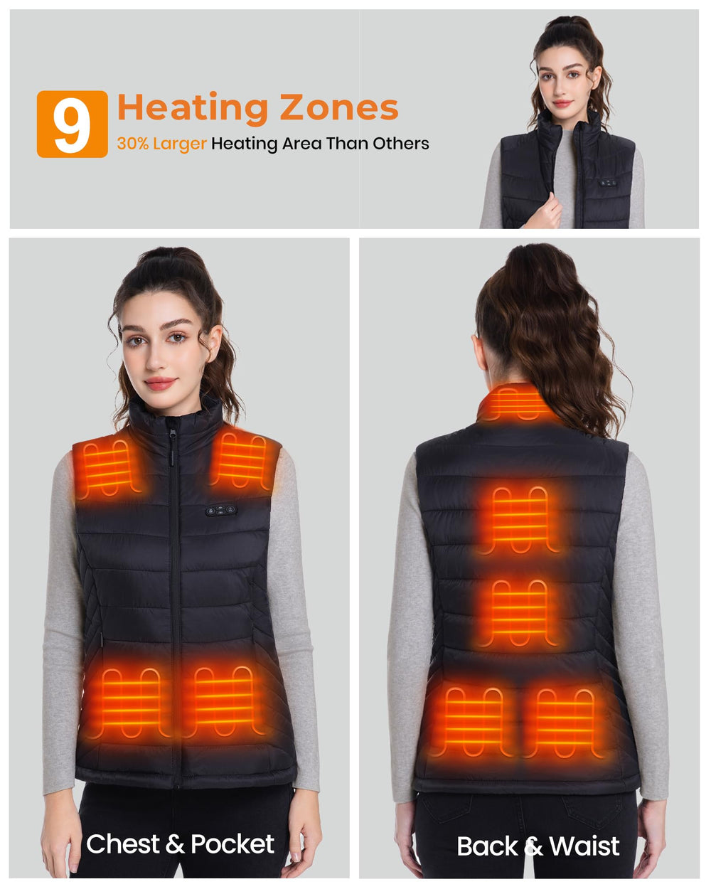 Evonicc women's heated vest stand collar detail for wind protection.