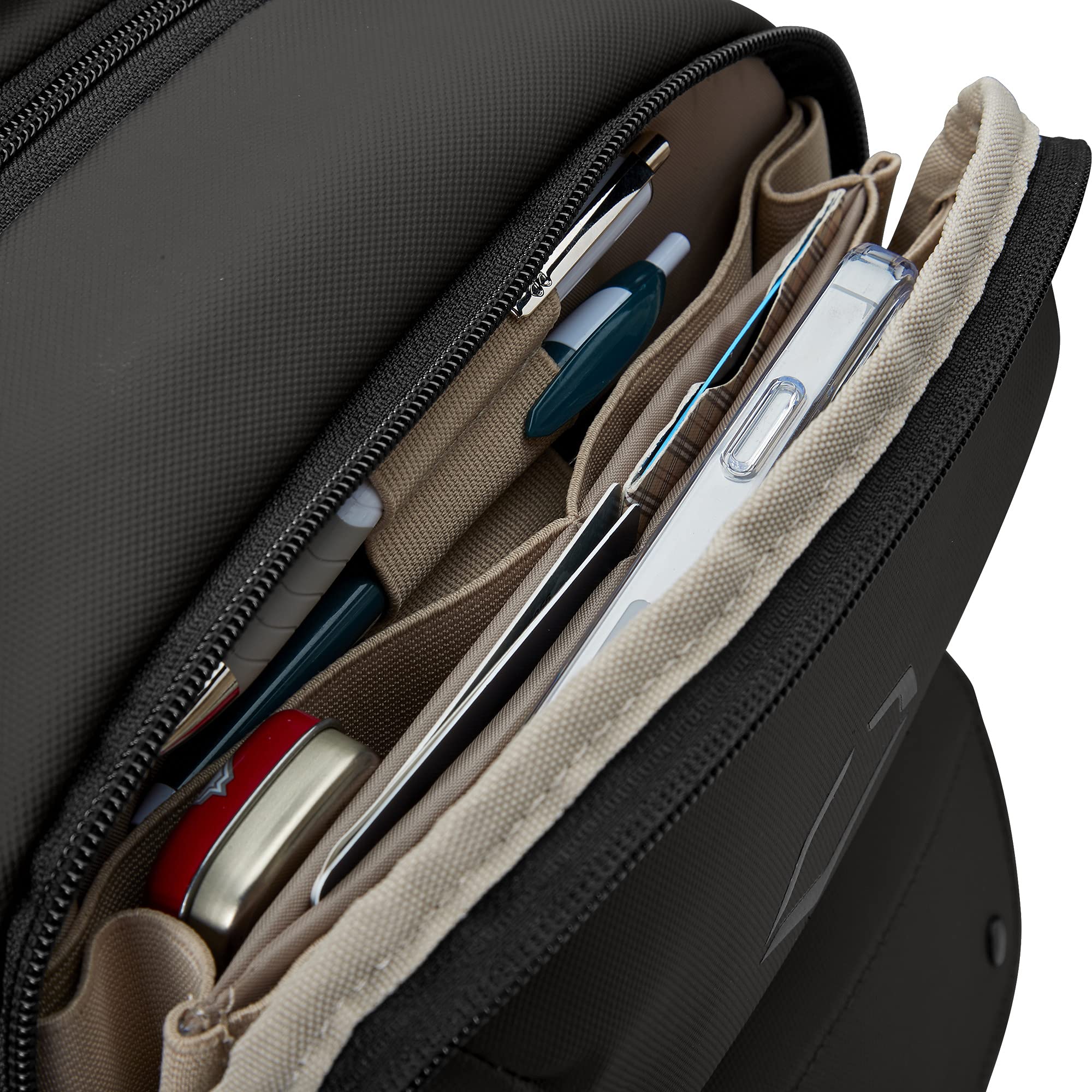 EvoShield Exec Backpack black fleece-lined accordion pocket for tidy gear storage.