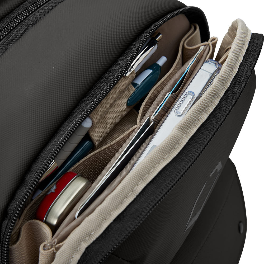 EvoShield Exec Backpack black fleece-lined accordion pocket for tidy gear storage.