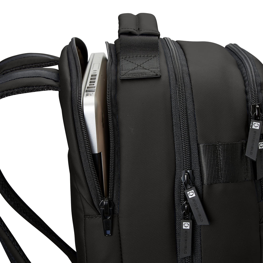 EvoShield Exec Backpack black water bottle pockets for hydration on the go.