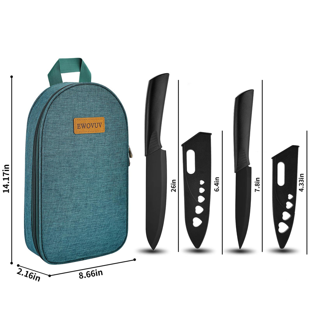 EWOVUV camping utensils set includes chopping board for prep in campsites and picnics.
