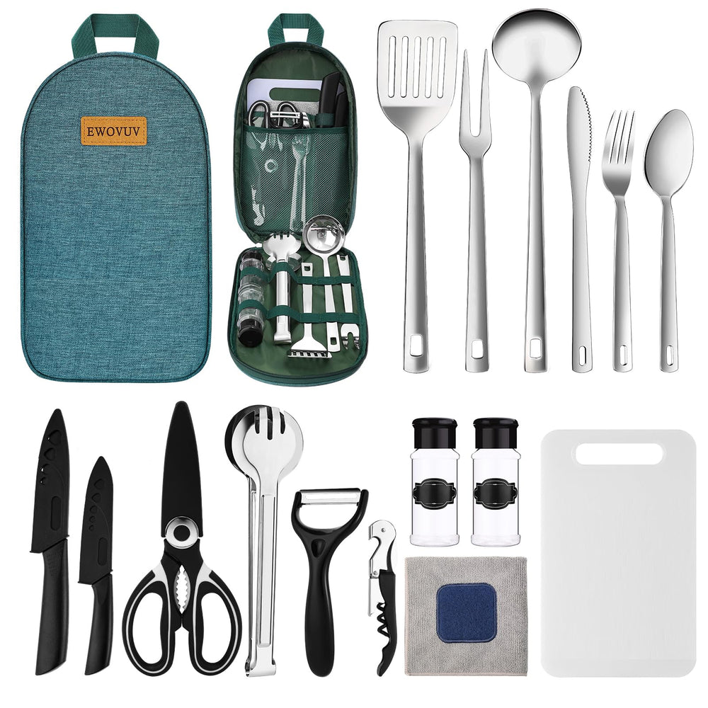 EWOVUV camping utensils set with storage bag keeps tools organized for quick outdoor meals.