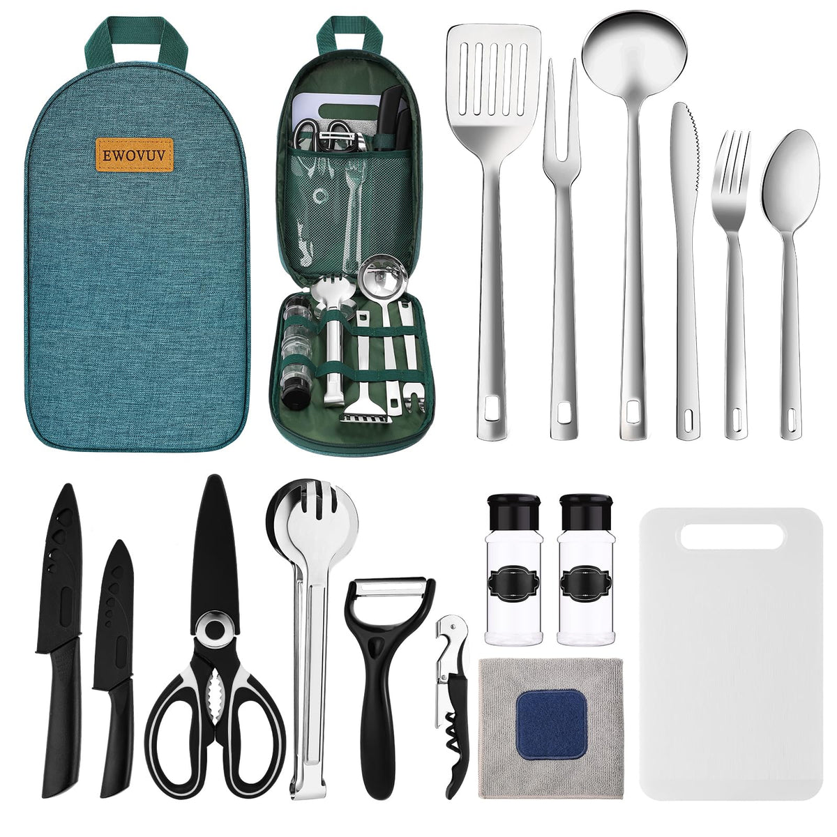 EWOVUV camping utensils set with storage bag keeps tools organized for quick outdoor meals.