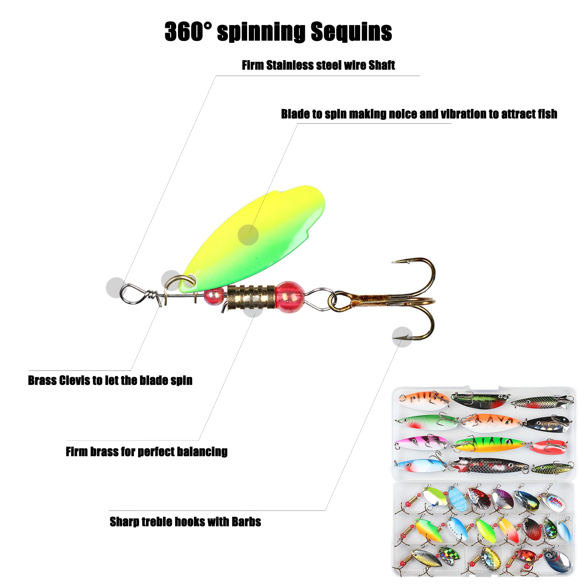 Assorted spoons and spinner lures ready for fishing