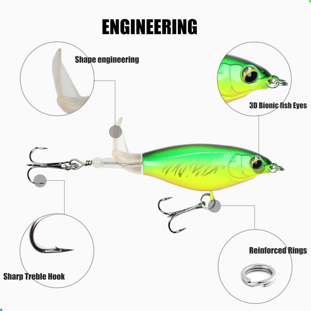 Rotating tail creating splashes on EXAURAFELIS plopper lure