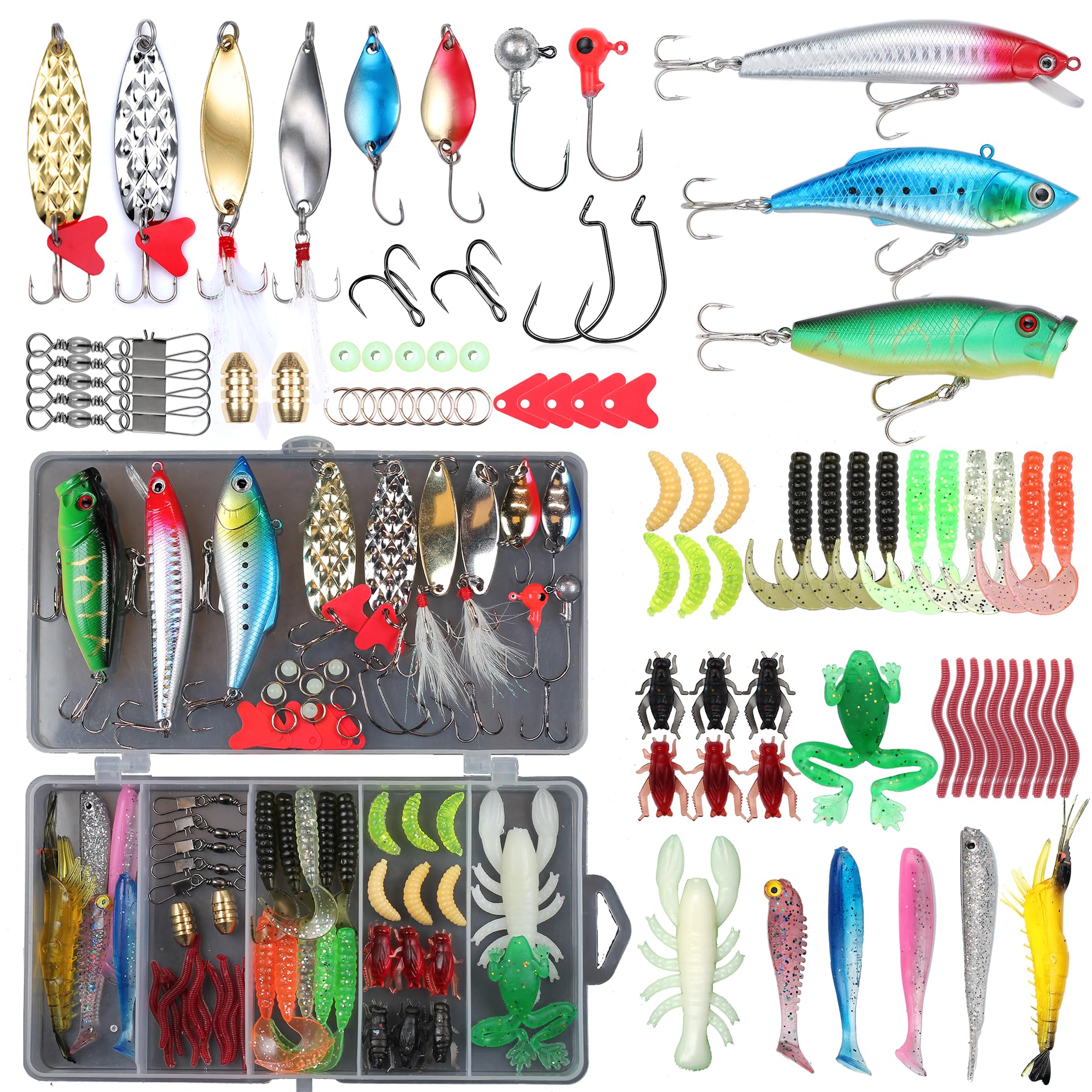 EXAURAFELIS 79-piece fishing lure set in tackle box front view