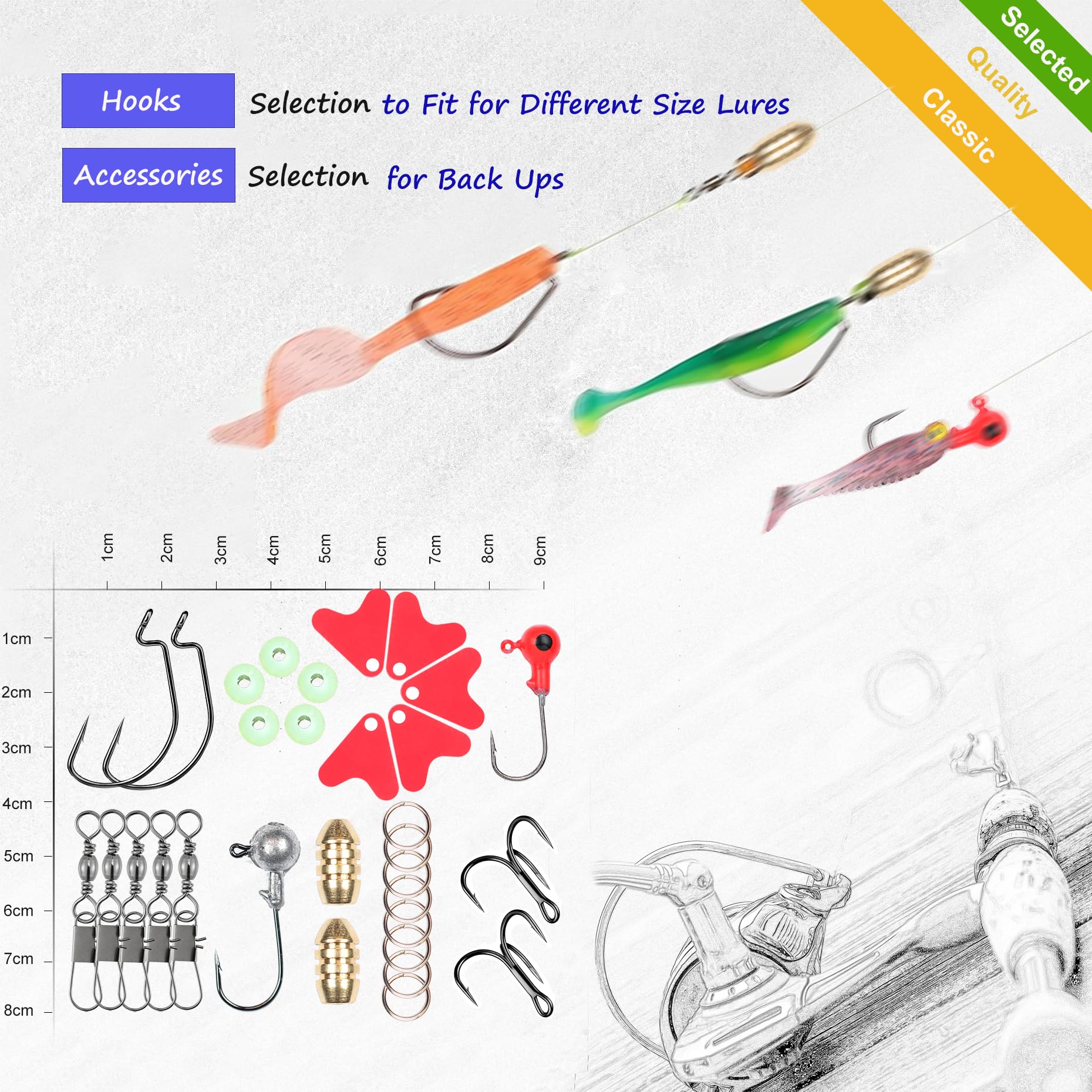 Varied soft baits and accessories in EXAURAFELIS kit