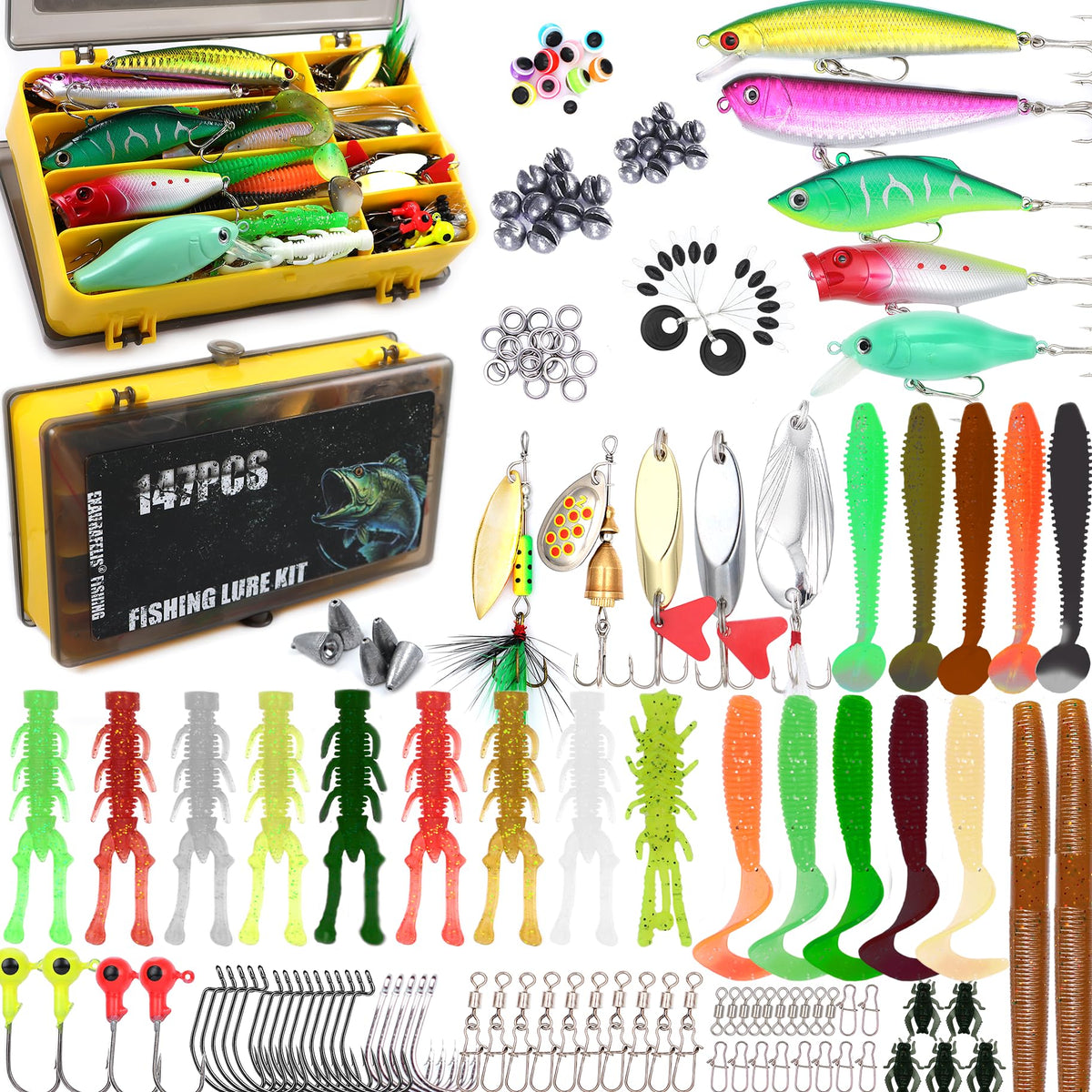 Exaurafelis 147-piece fishing lures kit in a portable tackle box