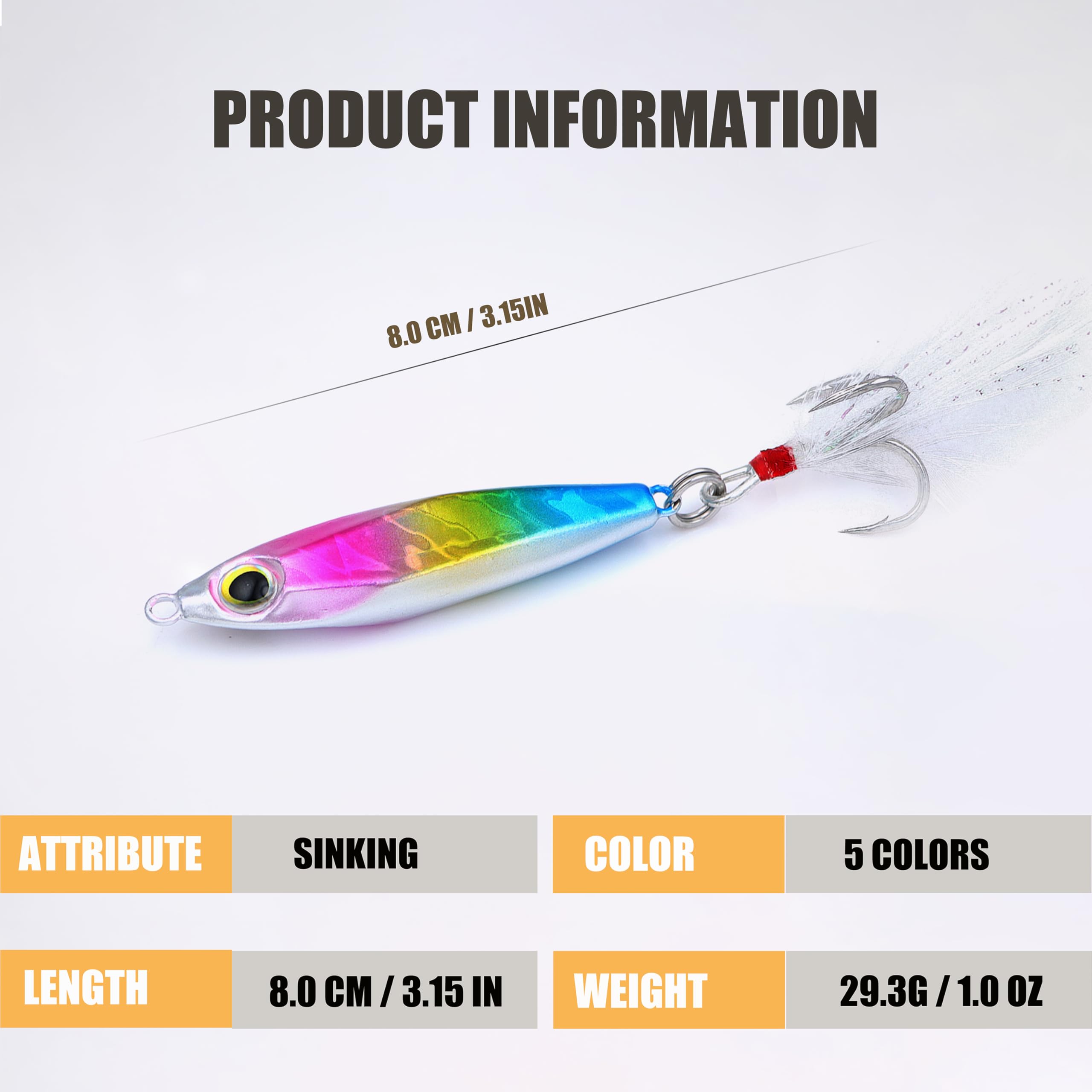Close-up of five colored jigging lures with feathers and hooks