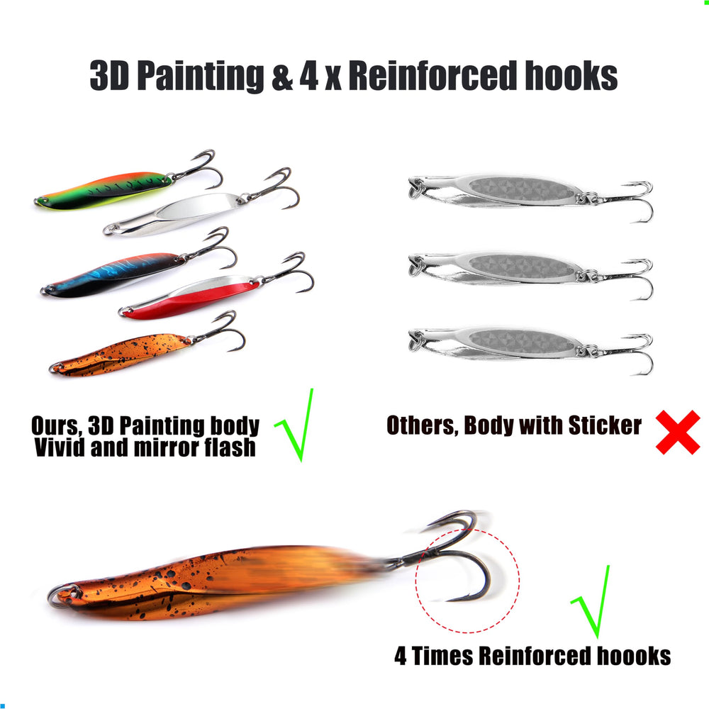 Spoon lures arranged in tackle box compartments