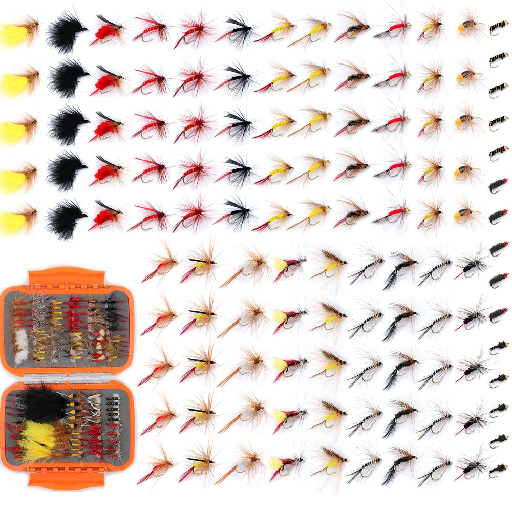 EXAURAFFLIS 120-piece fly fishing flies assortment with waterproof fly box