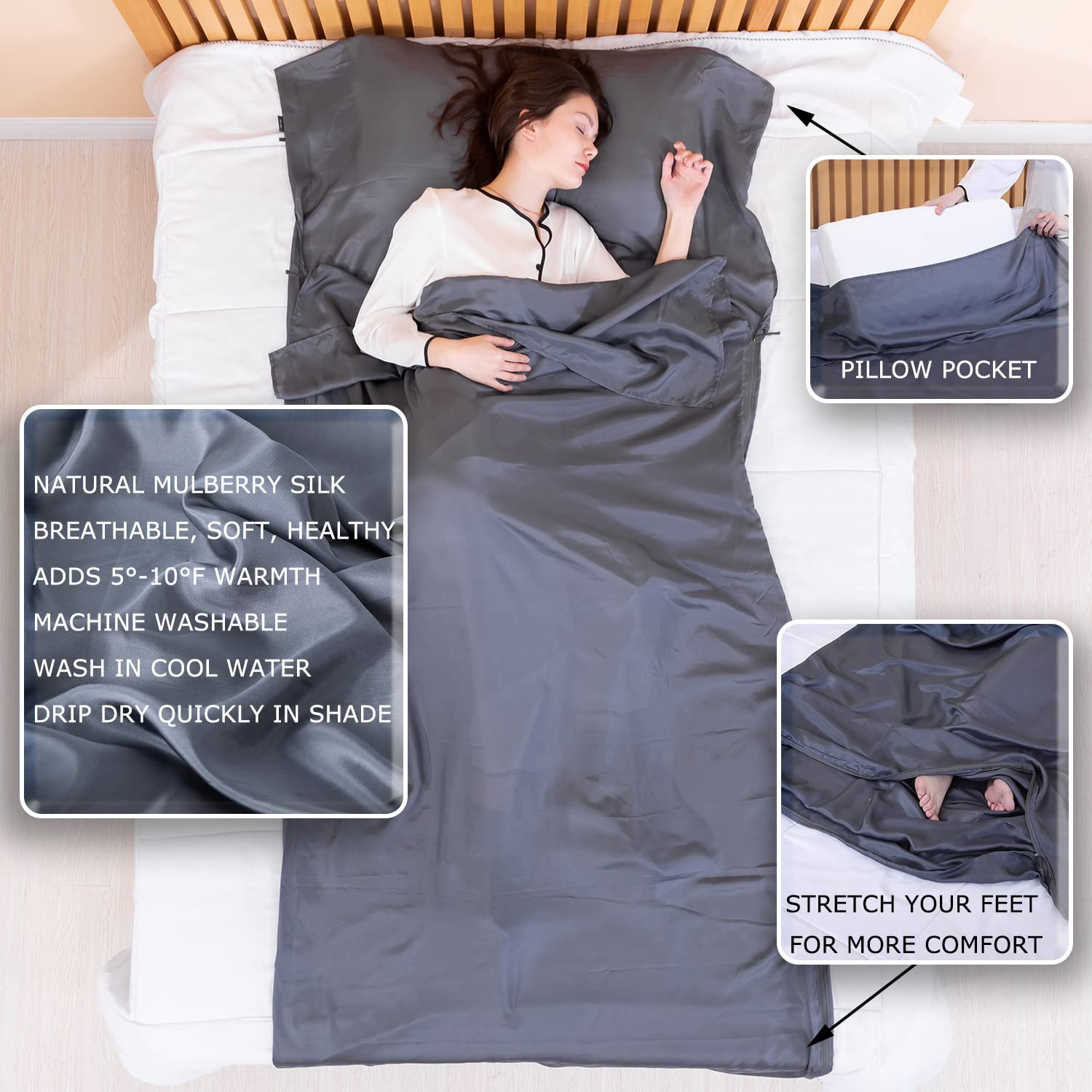 Exermil silk converts to a full-bed silk sheet for hotel or camp