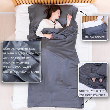 Exermil silk converts to a full-bed silk sheet for hotel or camp