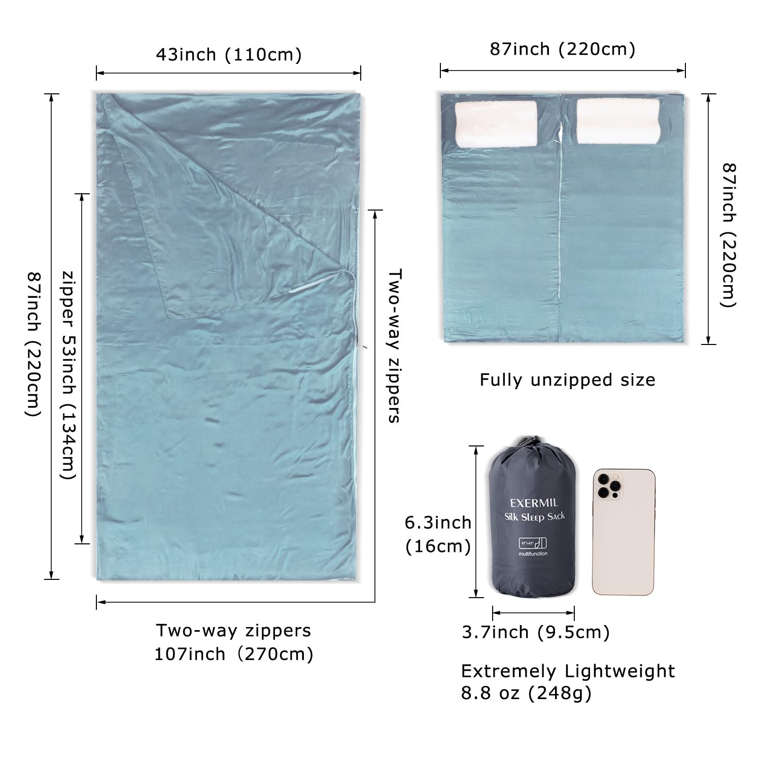 EXERMIL silk sleep sack roomy 87x43 inches for comfortable travel