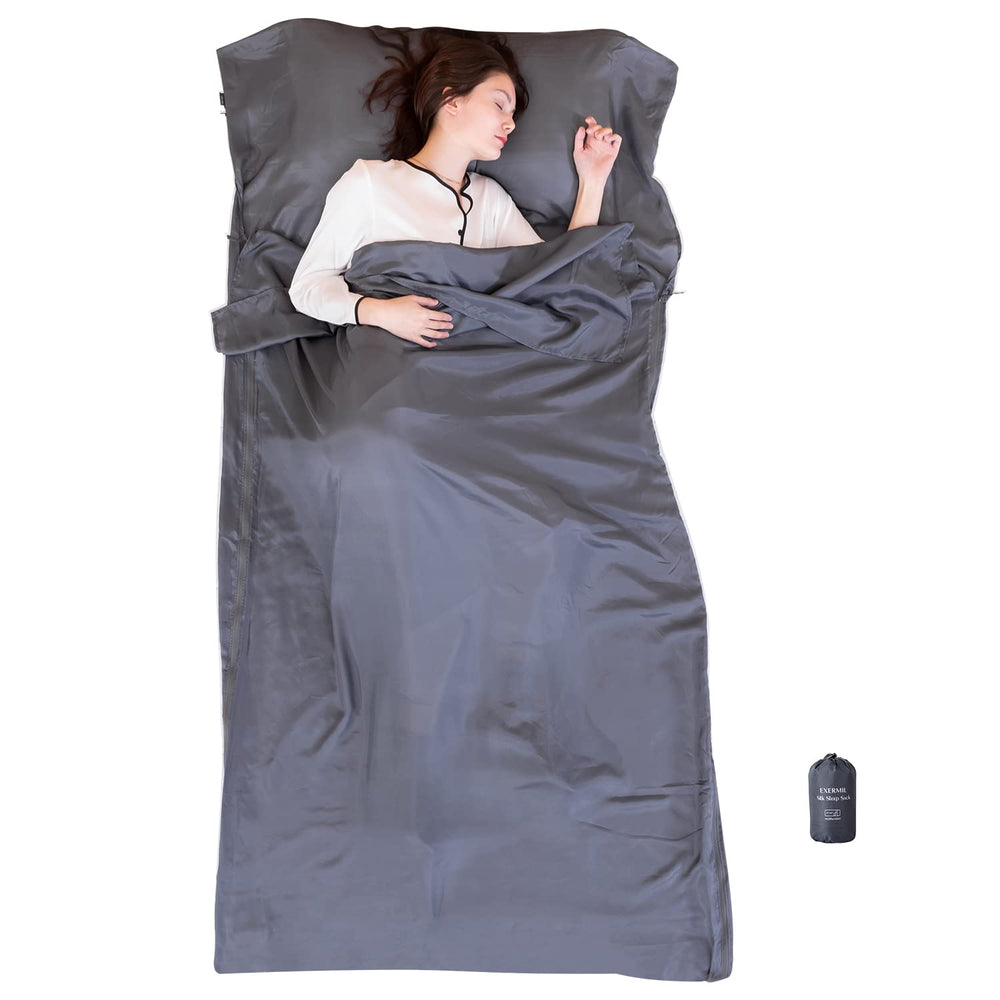 Exermil silk sleep sack with three-sided zippers for easy entry and warmth control