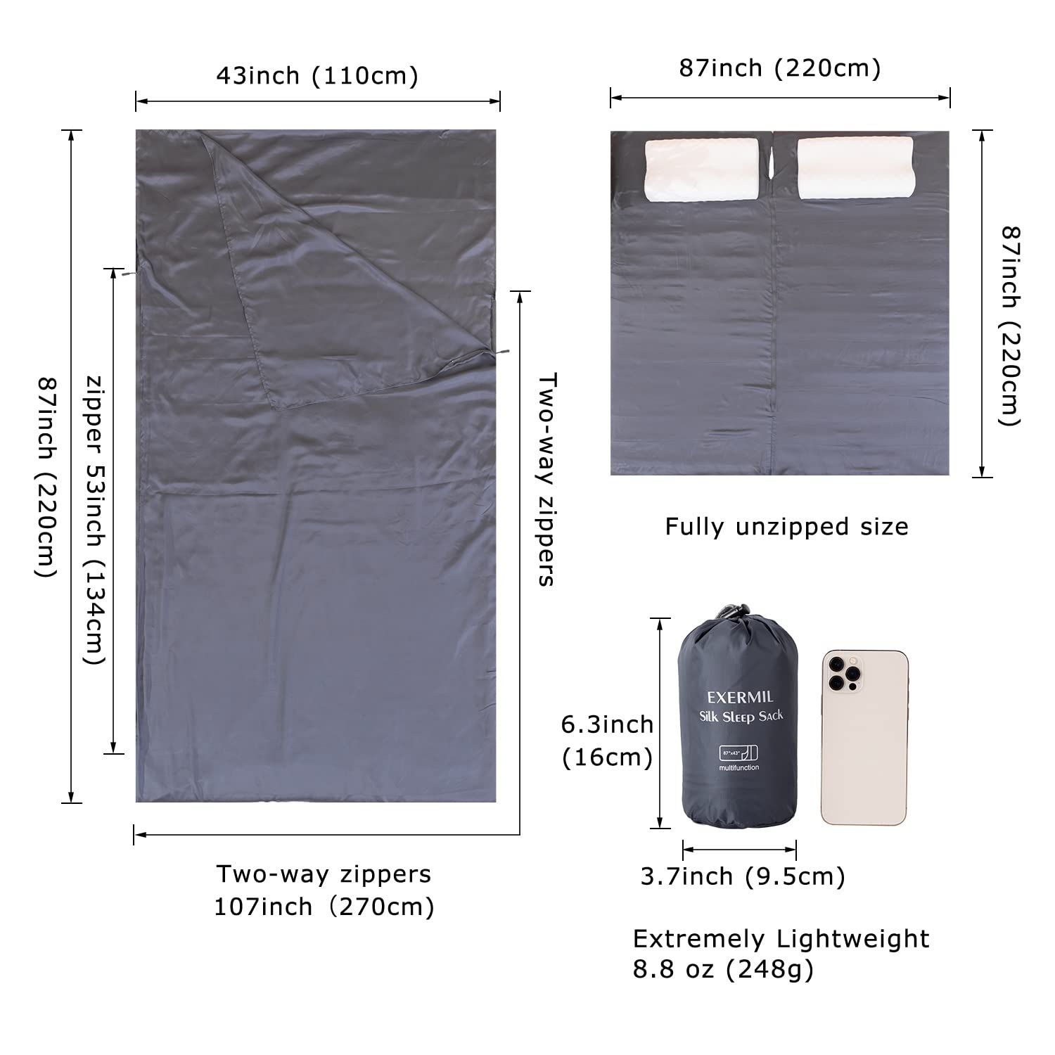 Exermil silk sleep sack unzipped into an 87x87 blanket for versatile use