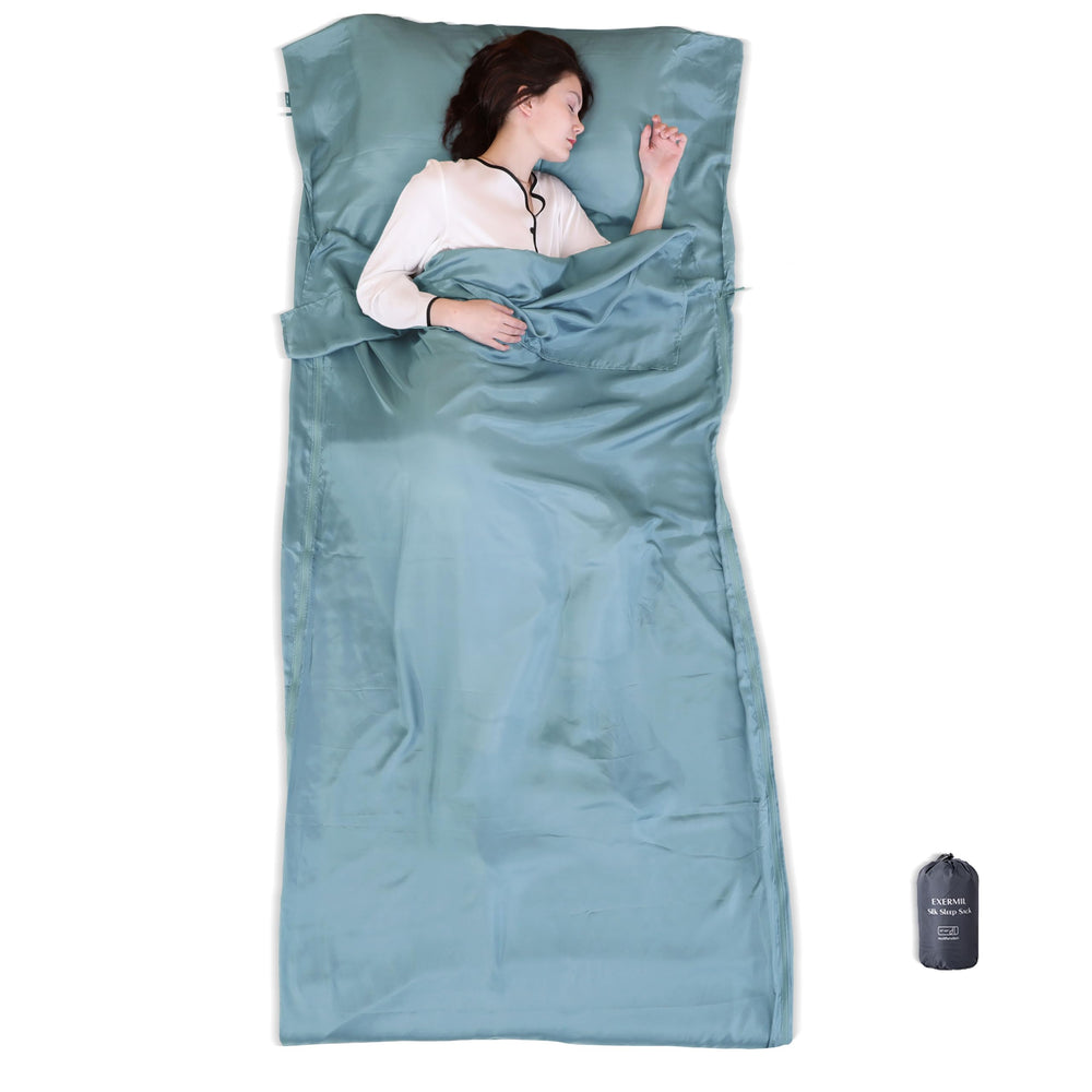 EXERMIL silk sleep sack with left, right, and bottom zippers for easy in-and-out