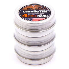 Exotac candleTIN Nano emergency beeswax tealight in use during camping or outages.