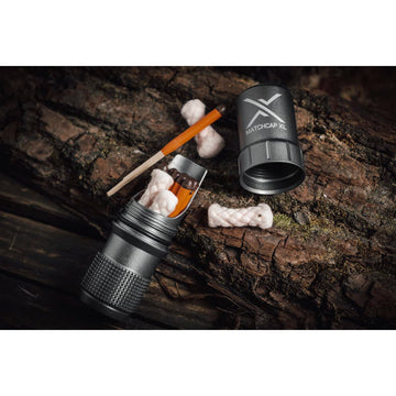 Exotac MATCHCAP XL integrated striker on the cap for quick fire-starts.