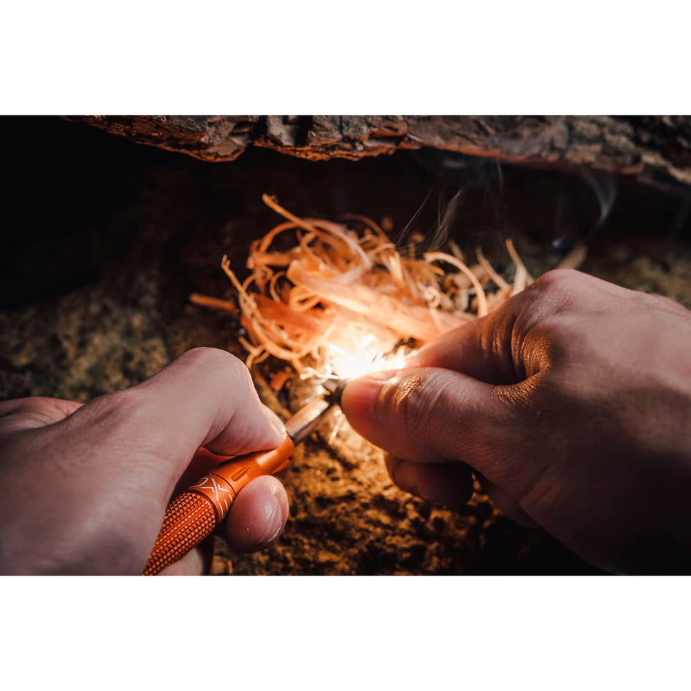 Exotac nanoSTRIKER XL tungsten carbide striker produces sharp, consistent sparks.