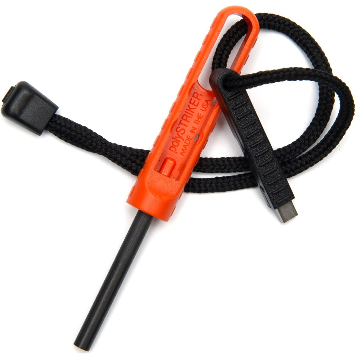 Exotac polySTRIKER fire starter close-up in orange-black showing durable finish for quick sparks