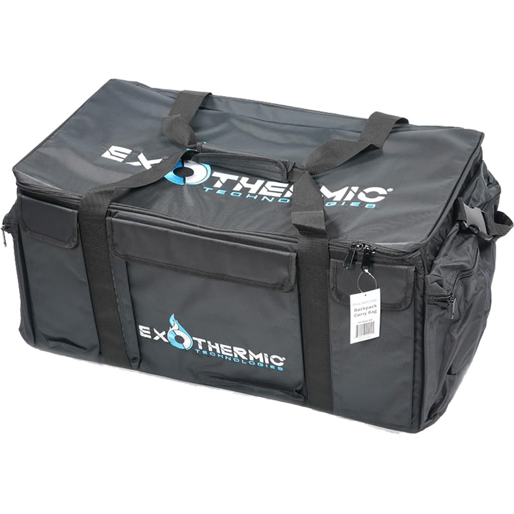 Exothermic backpack carry bag secures flamethrower gear with foam cutouts for safe transport.