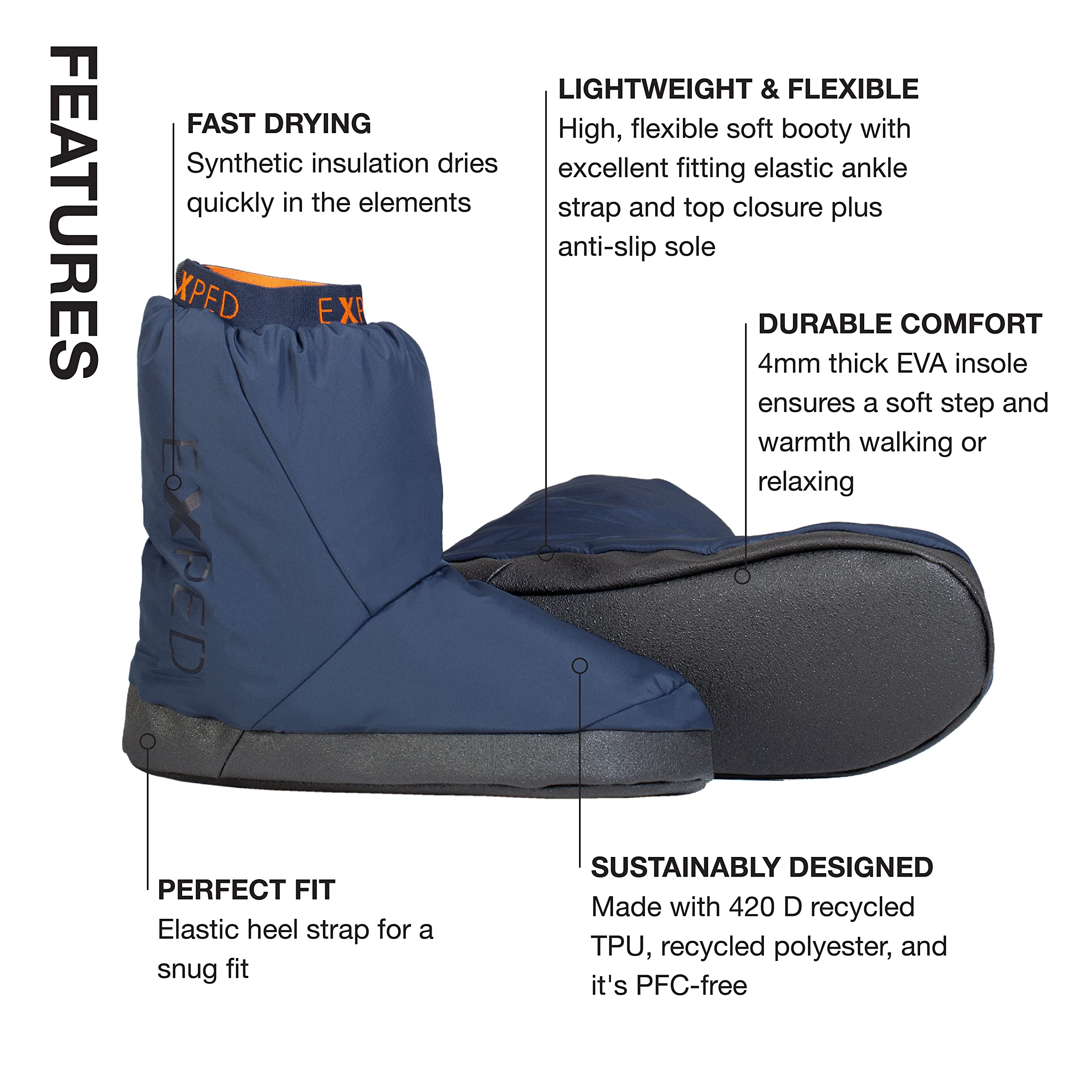 Exped Camp Booty durable sole shot emphasizes grip for cabin and campsite shuffles.