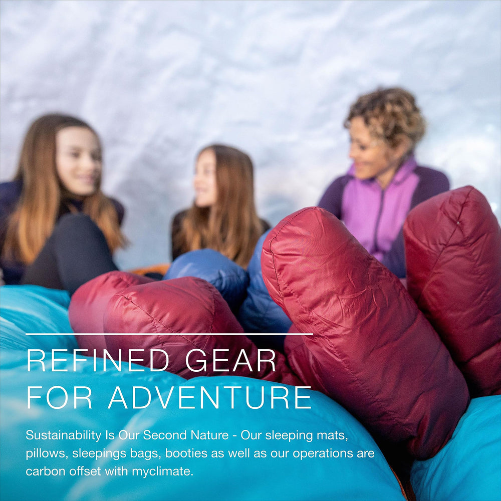 Exped Camp Booty elastic ankle band shows snow-proof warmth retention in chilly temps.