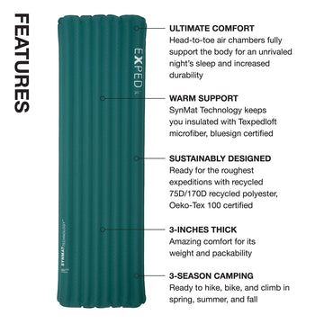 Exped Dura 3R SynMat technology insulation provides warmth in cool three-season nights