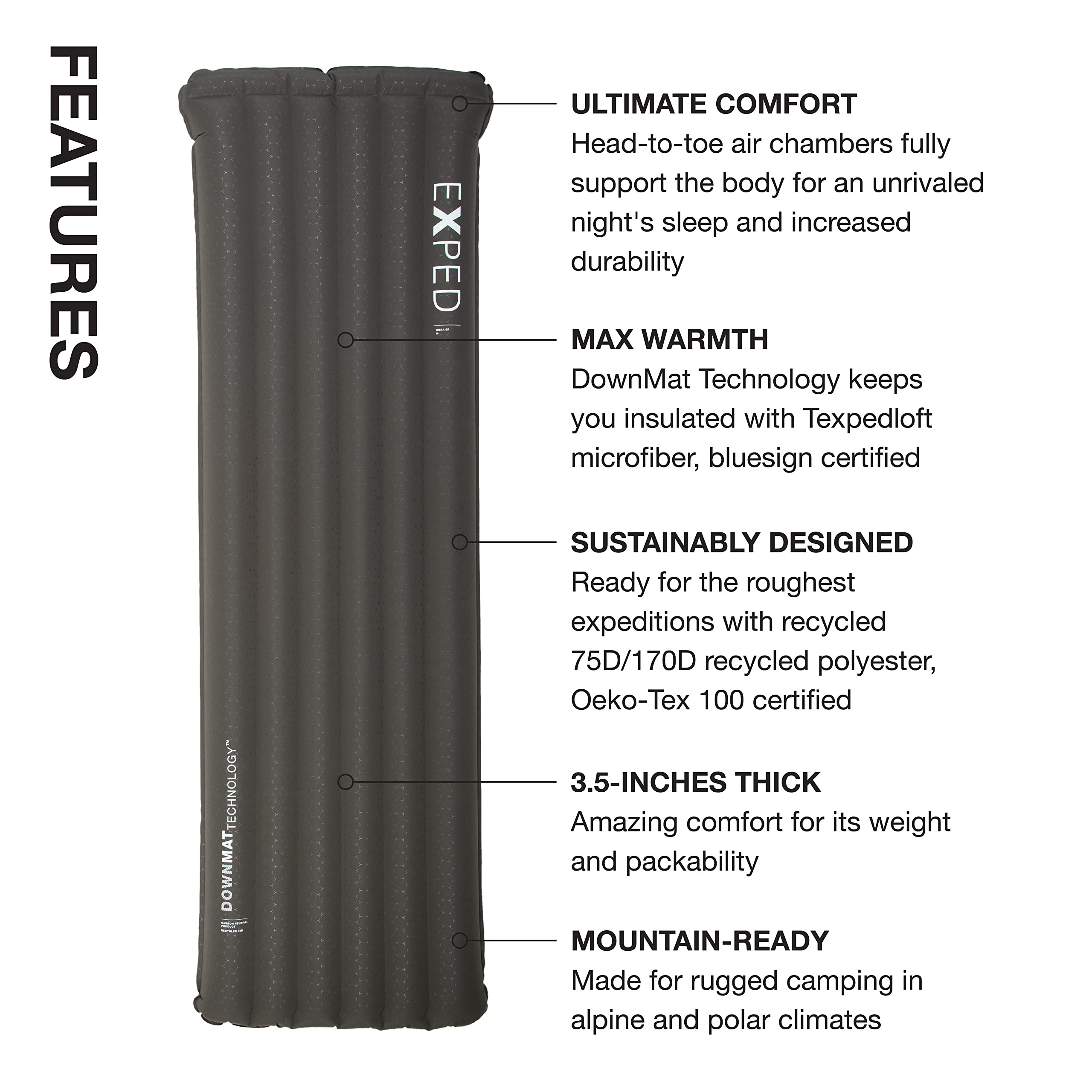 Exped Dura 8R DownMat technology close-up for warmth and ground insulation.