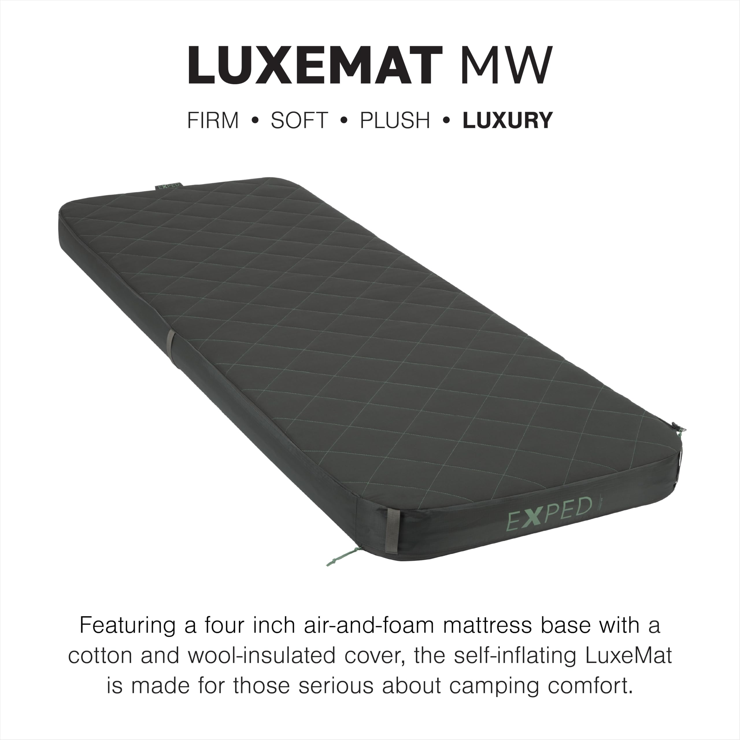 Exped LuxeMat Single MW four-inch foam pad supports comfortable sleep.