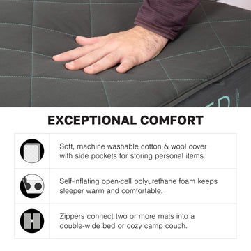 Exped LuxeMat Single MW side zippers enable gap-free multi-mat setups.