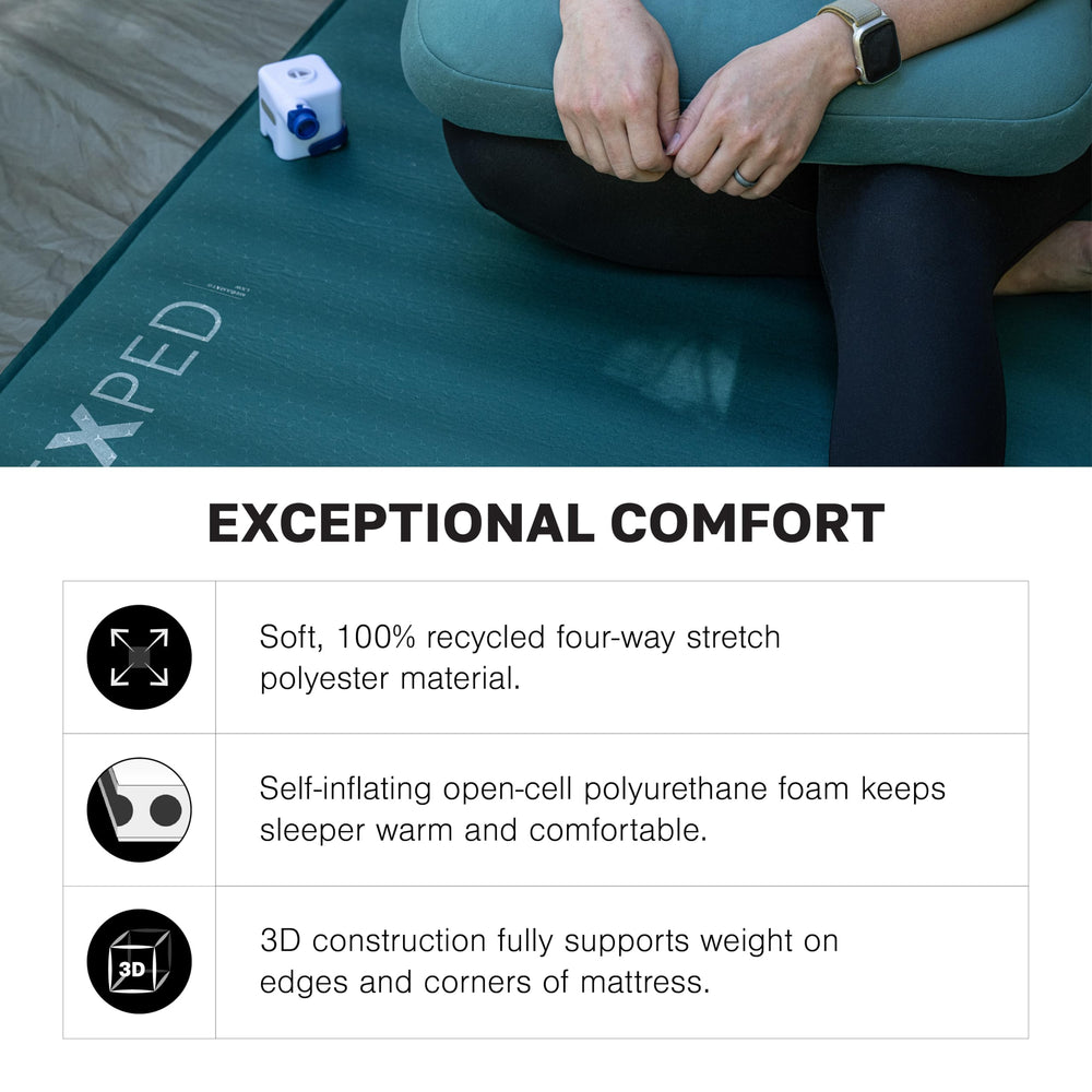 Exped MegaMat Duo Queen soft surface with recycled fabric skin feels gentle